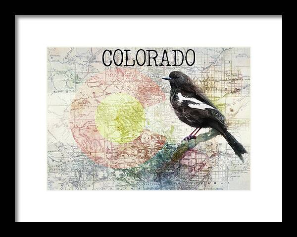 Colorado State Map And Lark Bunting - Framed Print