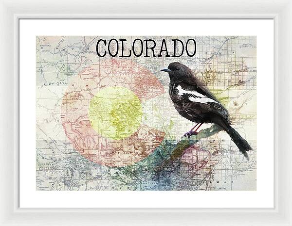 Colorado State Map And Lark Bunting - Framed Print