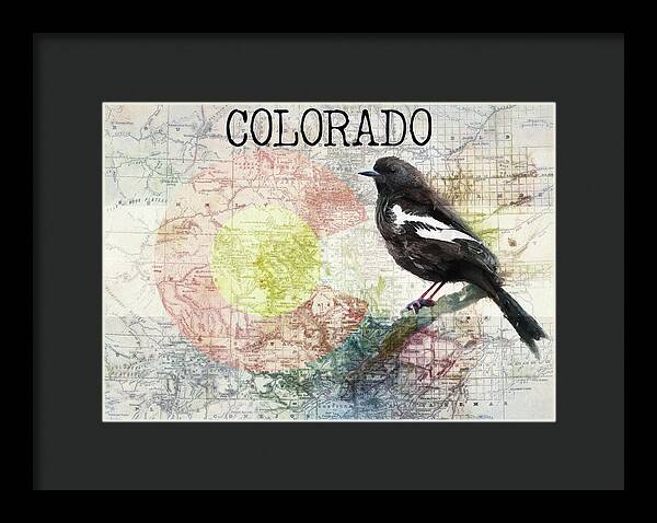 Colorado State Map And Lark Bunting - Framed Print