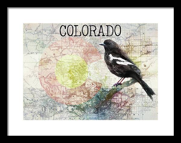 Colorado State Map And Lark Bunting - Framed Print