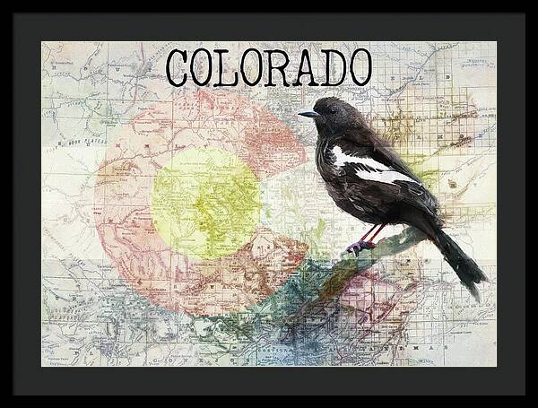 Colorado State Map And Lark Bunting - Framed Print