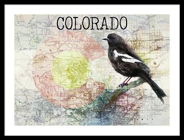 Colorado State Map And Lark Bunting - Framed Print