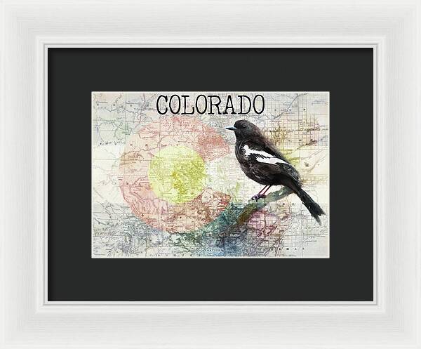 Colorado State Map And Lark Bunting - Framed Print