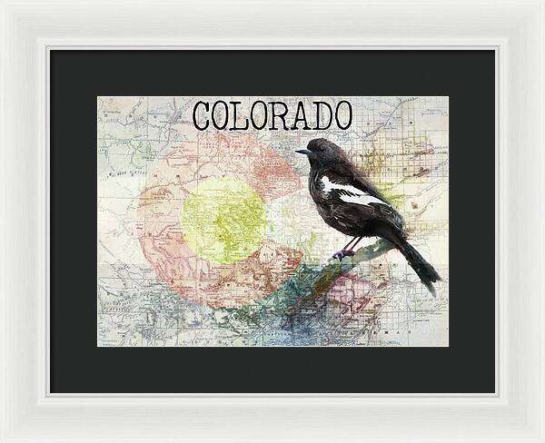 Colorado State Map And Lark Bunting - Framed Print