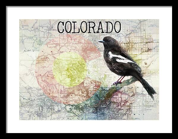 Colorado State Map And Lark Bunting - Framed Print