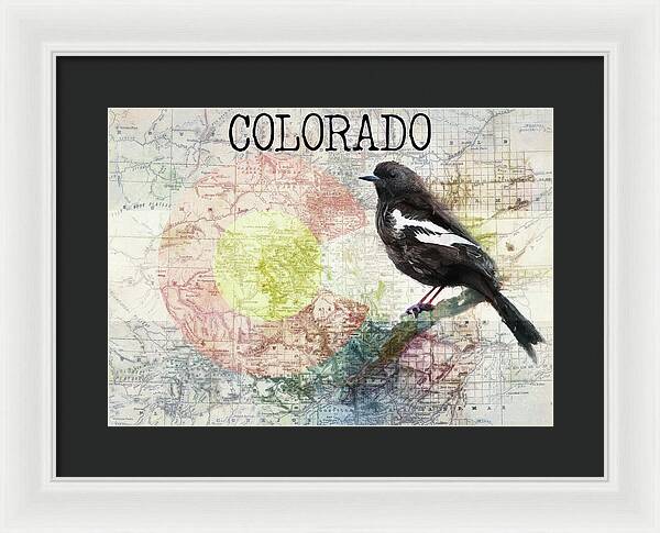 Colorado State Map And Lark Bunting - Framed Print