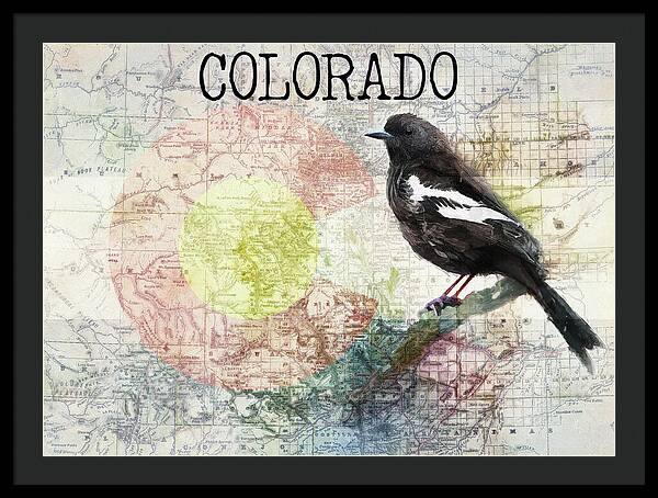 Colorado State Map And Lark Bunting - Framed Print