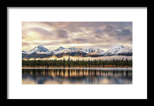 Denali Highway Lake Sunrise Reflection Landscape - Framed Print