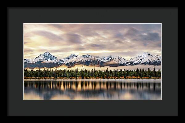 Denali Highway Lake Sunrise Reflection Landscape - Framed Print