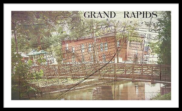 Grand Rapids Ohio Bridge And Map - Framed Print