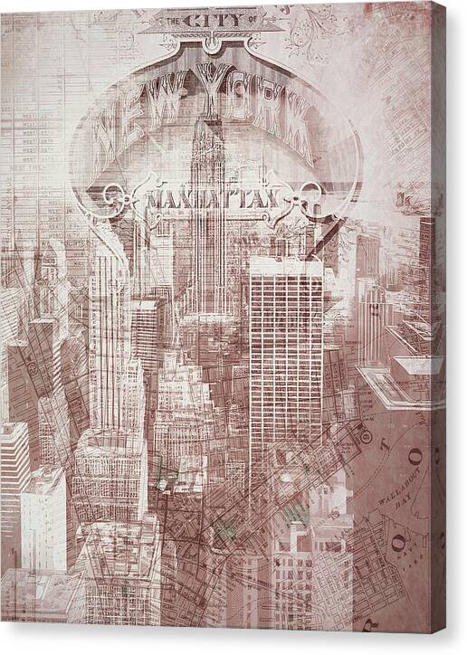 Manhattan View And Vintage Map - Canvas Print