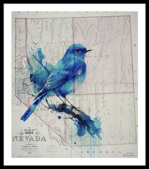 Nevada State Map And Mountain Bluebird - Framed Print