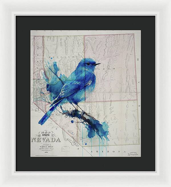 Nevada State Map And Mountain Bluebird - Framed Print