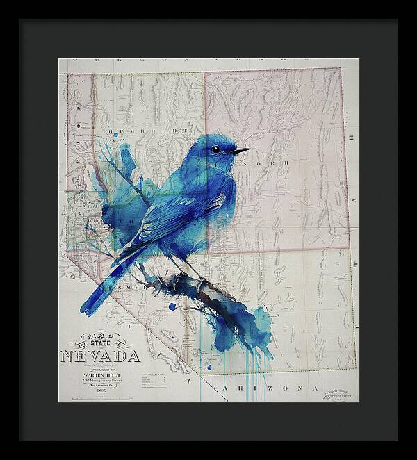 Nevada State Map And Mountain Bluebird - Framed Print