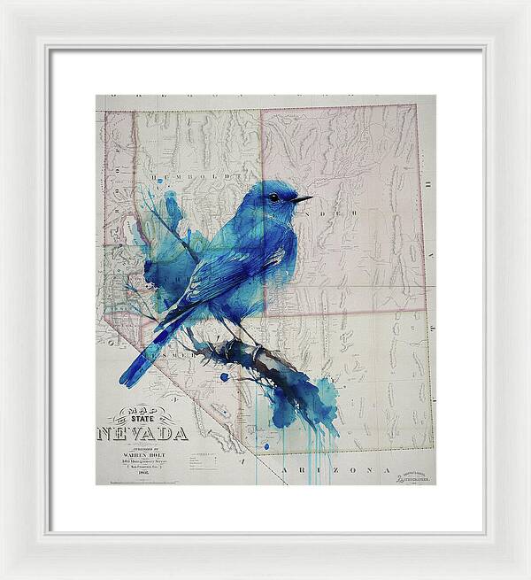 Nevada State Map And Mountain Bluebird - Framed Print