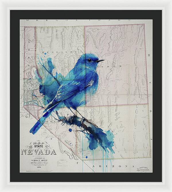 Nevada State Map And Mountain Bluebird - Framed Print