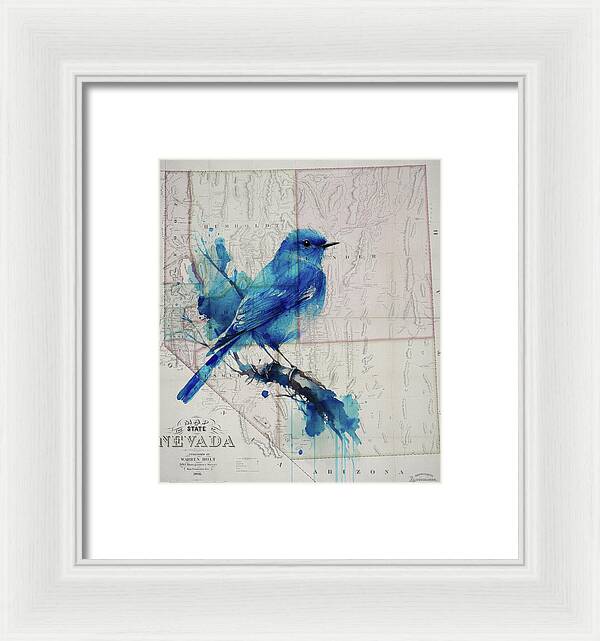 Nevada State Map And Mountain Bluebird - Framed Print