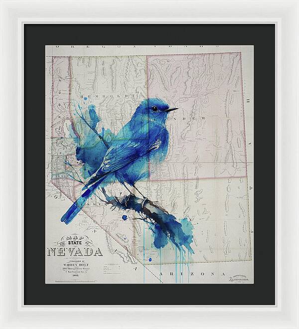 Nevada State Map And Mountain Bluebird - Framed Print