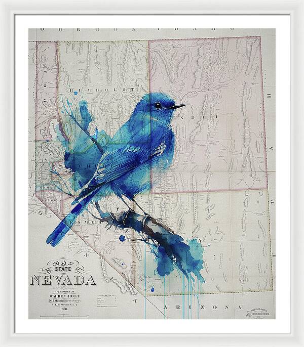 Nevada State Map And Mountain Bluebird - Framed Print