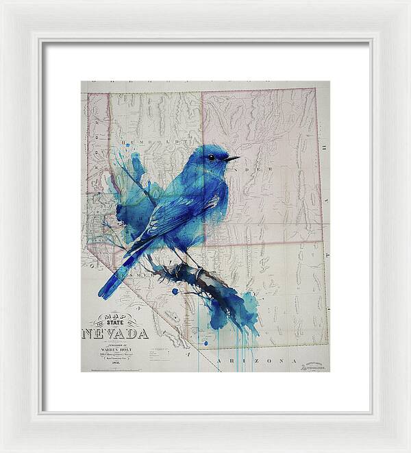 Nevada State Map And Mountain Bluebird - Framed Print