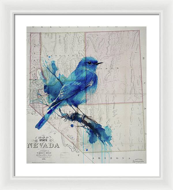 Nevada State Map And Mountain Bluebird - Framed Print