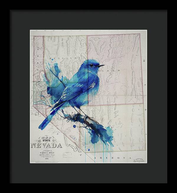 Nevada State Map And Mountain Bluebird - Framed Print