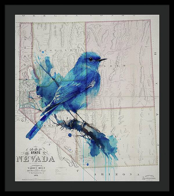 Nevada State Map And Mountain Bluebird - Framed Print