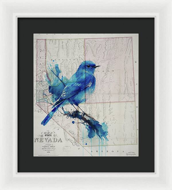 Nevada State Map And Mountain Bluebird - Framed Print