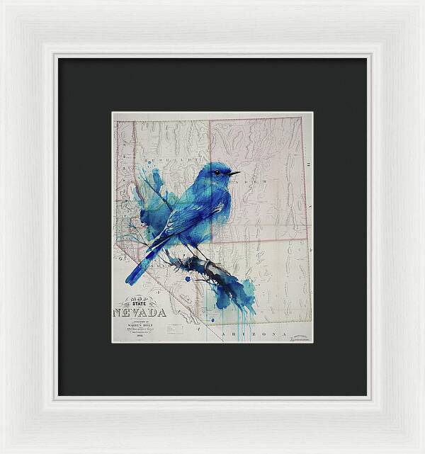 Nevada State Map And Mountain Bluebird - Framed Print