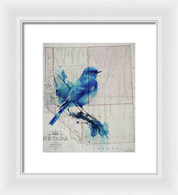 Nevada State Map And Mountain Bluebird - Framed Print