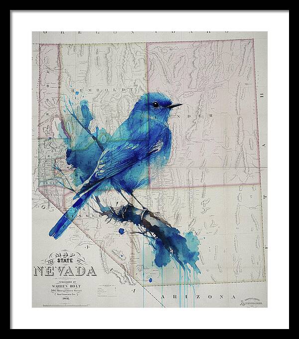 Nevada State Map And Mountain Bluebird - Framed Print