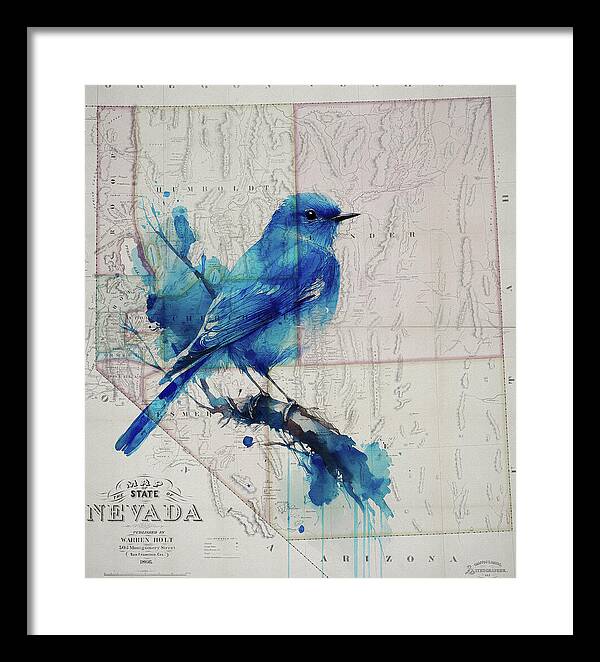 Nevada State Map And Mountain Bluebird - Framed Print