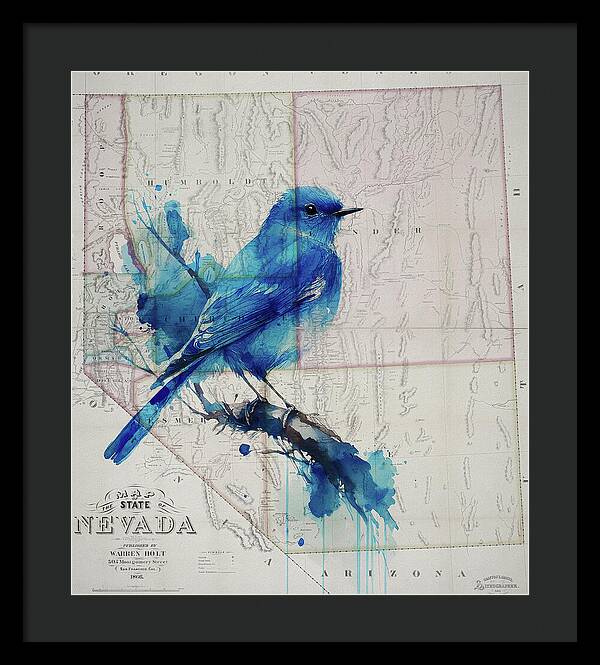 Nevada State Map And Mountain Bluebird - Framed Print