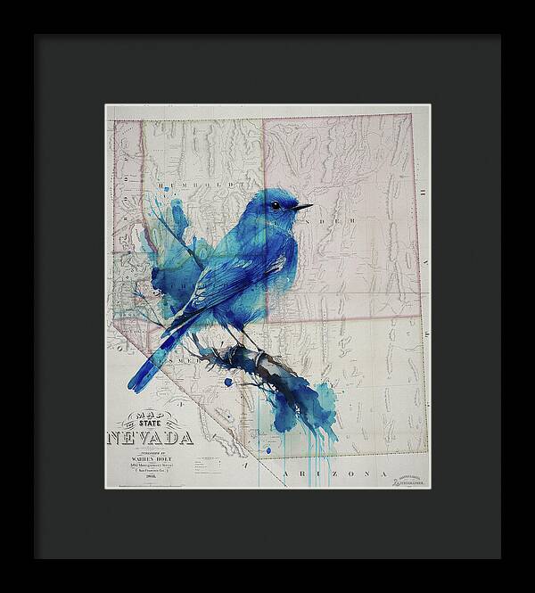 Nevada State Map And Mountain Bluebird - Framed Print