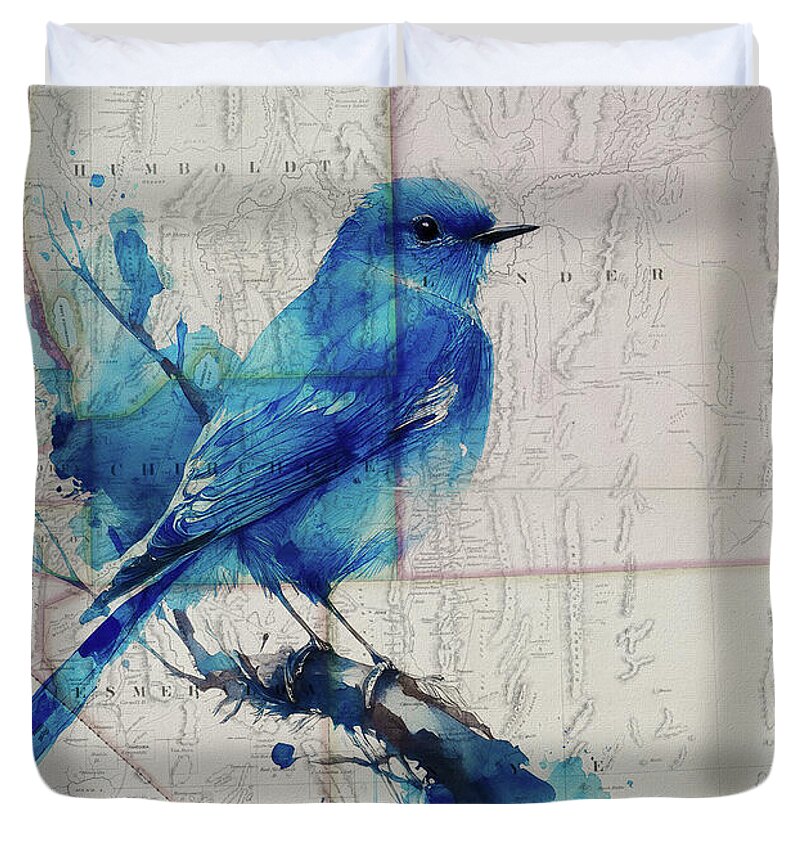 Nevada State Map And Mountain Bluebird - Duvet Cover