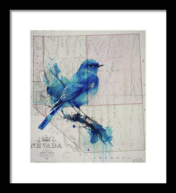 Nevada State Map And Mountain Bluebird - Framed Print