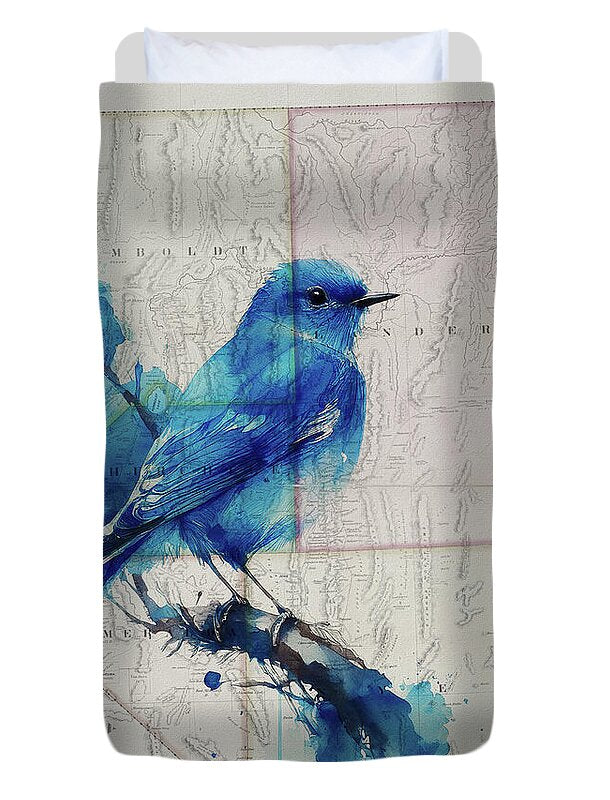 Nevada State Map And Mountain Bluebird - Duvet Cover