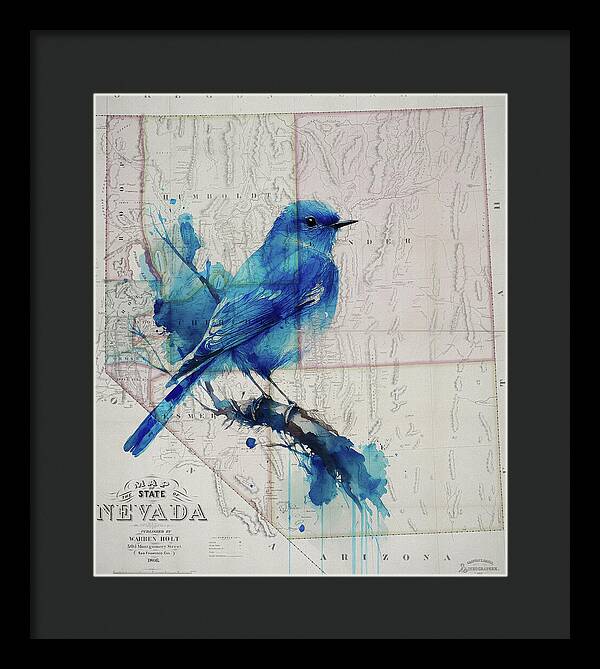 Nevada State Map And Mountain Bluebird - Framed Print