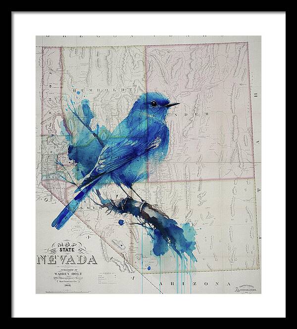 Nevada State Map And Mountain Bluebird - Framed Print