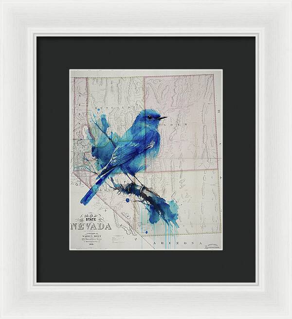 Nevada State Map And Mountain Bluebird - Framed Print