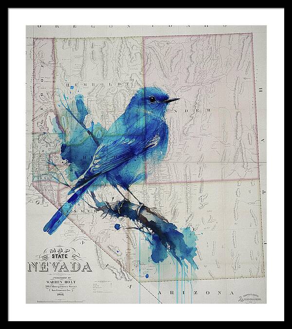 Nevada State Map And Mountain Bluebird - Framed Print