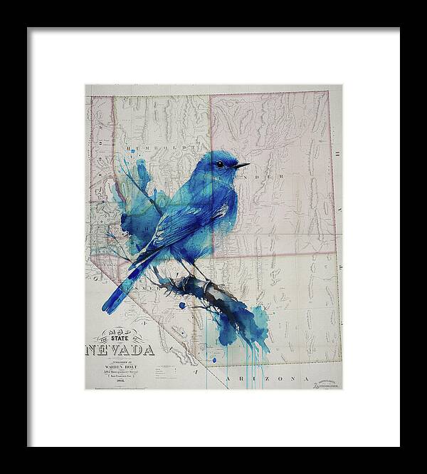 Nevada State Map And Mountain Bluebird - Framed Print