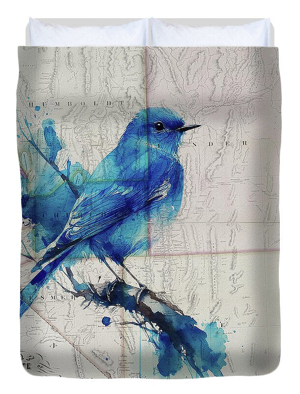 Nevada State Map And Mountain Bluebird - Duvet Cover