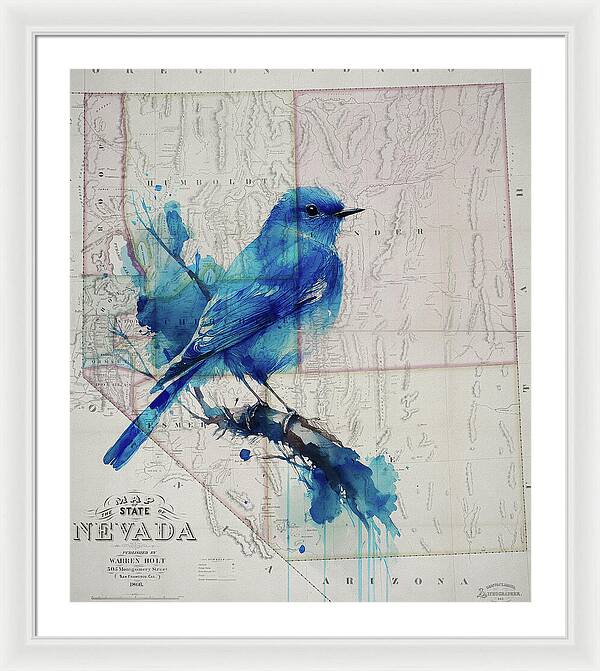 Nevada State Map And Mountain Bluebird - Framed Print