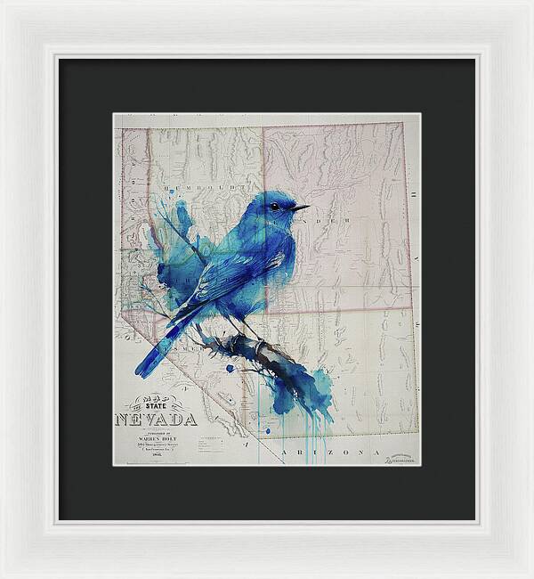 Nevada State Map And Mountain Bluebird - Framed Print