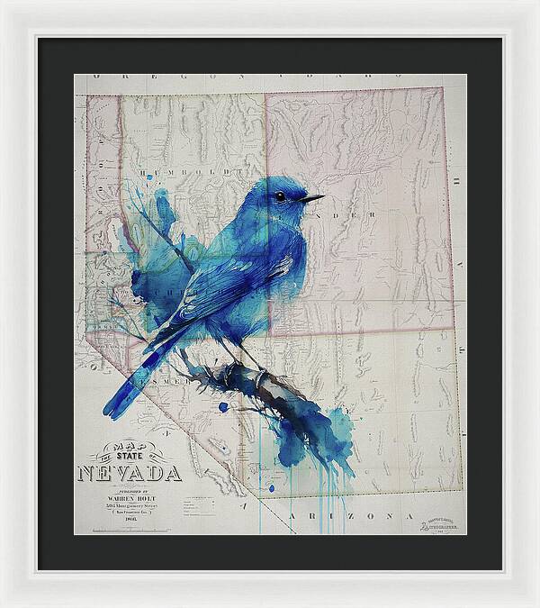 Nevada State Map And Mountain Bluebird - Framed Print