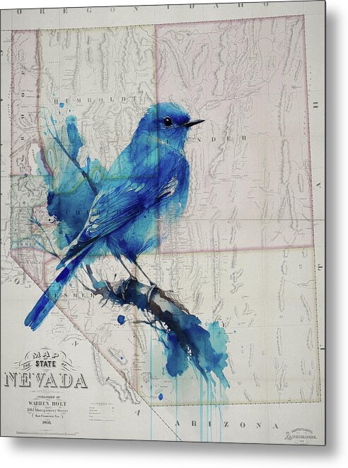 Nevada State Map And Mountain Bluebird - Metal Print