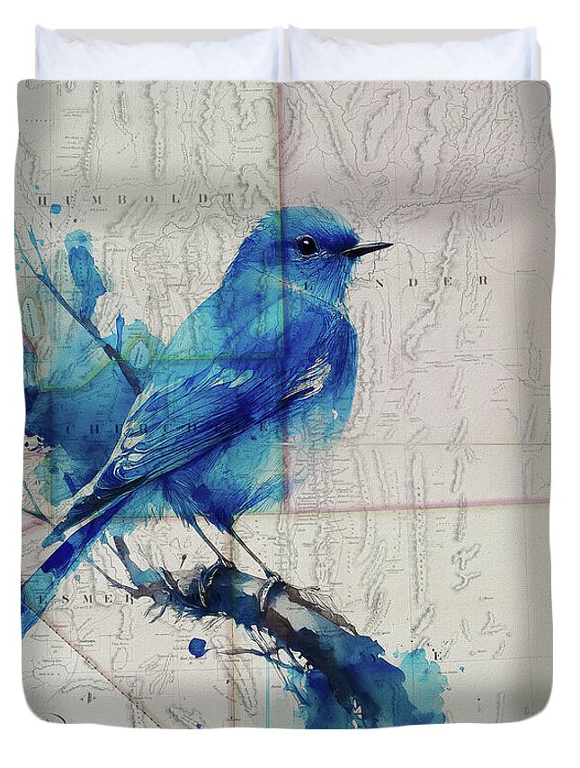 Nevada State Map And Mountain Bluebird - Duvet Cover