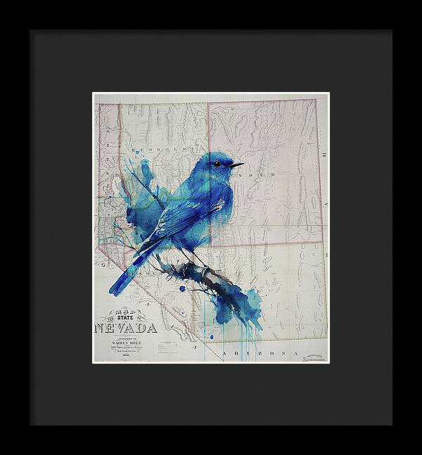 Nevada State Map And Mountain Bluebird - Framed Print