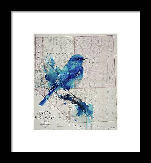 Nevada State Map And Mountain Bluebird - Framed Print